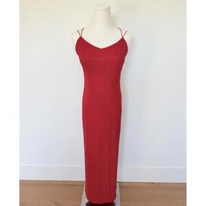 Vintage Sally USA Red Beaded Maxi Slip Dress Y2K Spaghetti Strap Bodycon